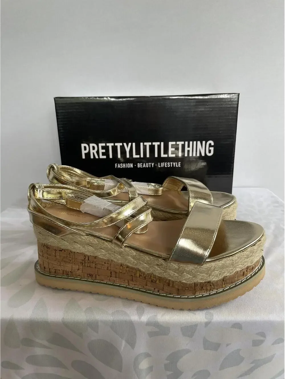 NIB Size 7 Pretty Little Thing Gold Espadrille Lace Up Platform Sandals